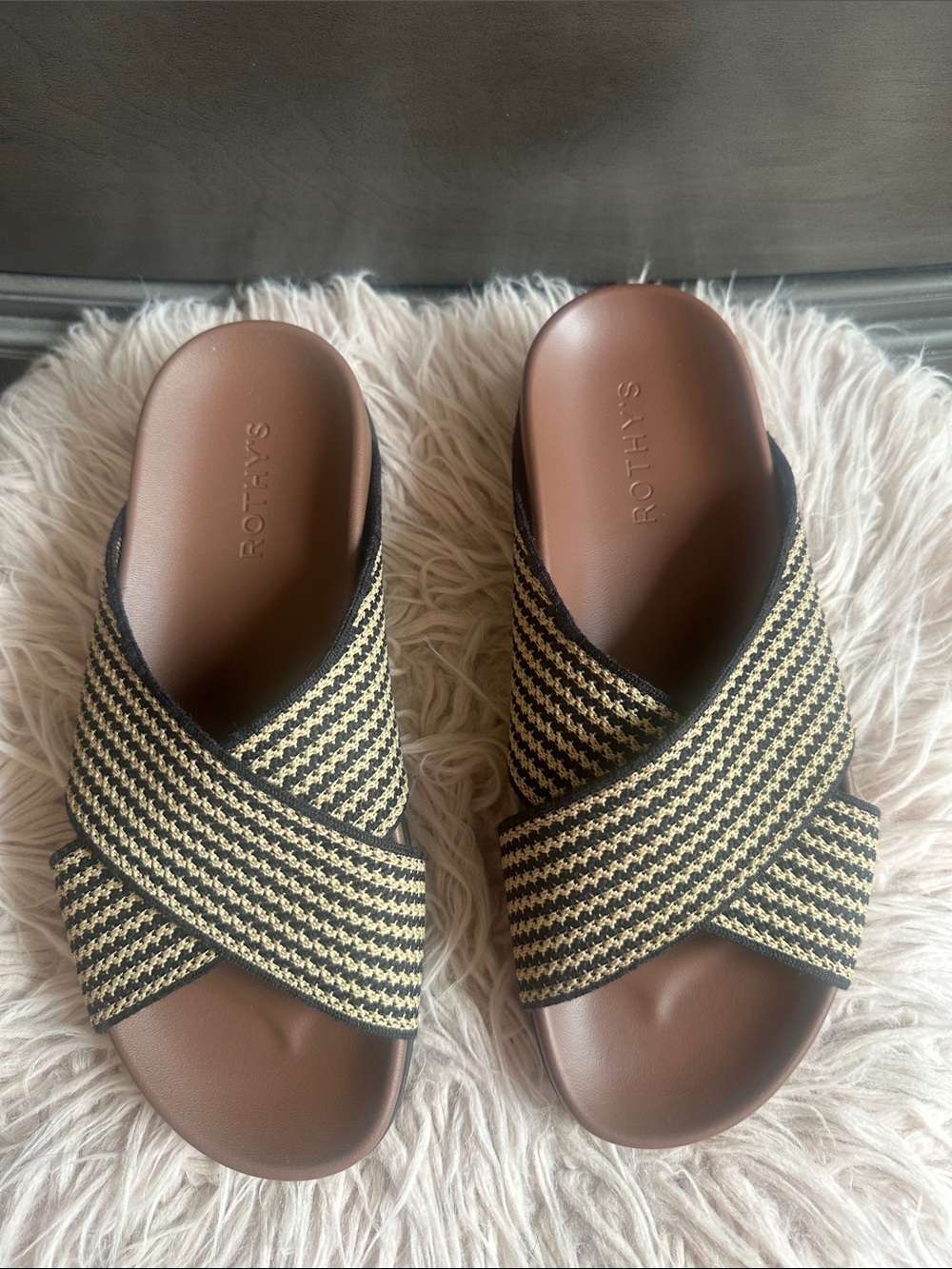 Rothy's Crisscross Slide Mules - Black & Cream Stripes